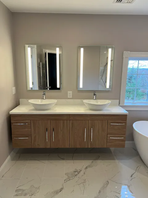 Floating Double Vanity with LED Mirrors in Holliston, MA