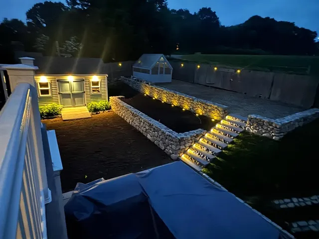 #trugliamasonryandhardscapesllc #cohasset #stonewalls #fieldstone #nightlights