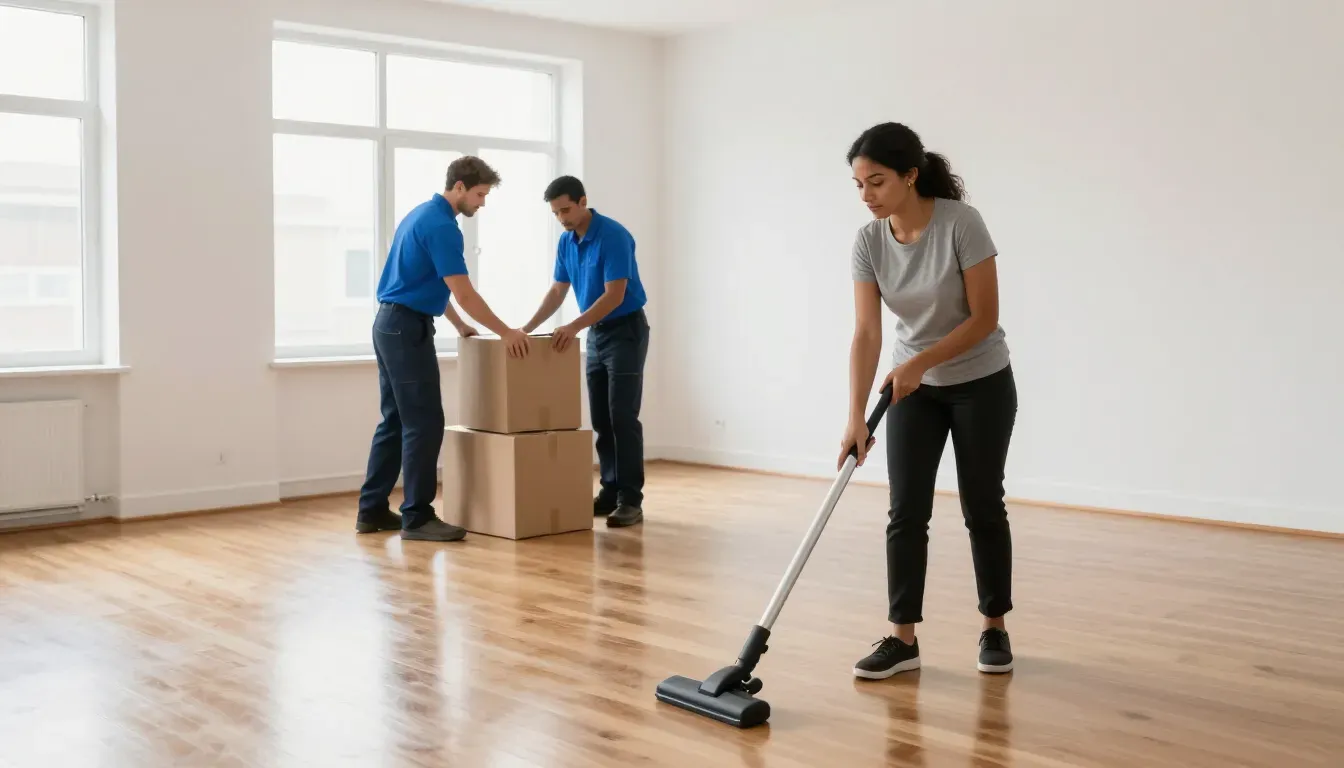 Move in and move out cleanout cleaning in an empty apartment with moving boxes.