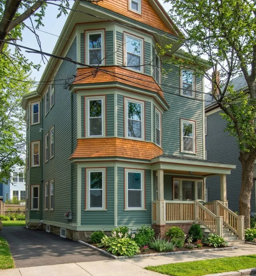 A three-story green house at 17 Smith Place features orange shingle roof accents, large bay windows, a covered porch, and driveway, all surrounded by trees and landscaping.