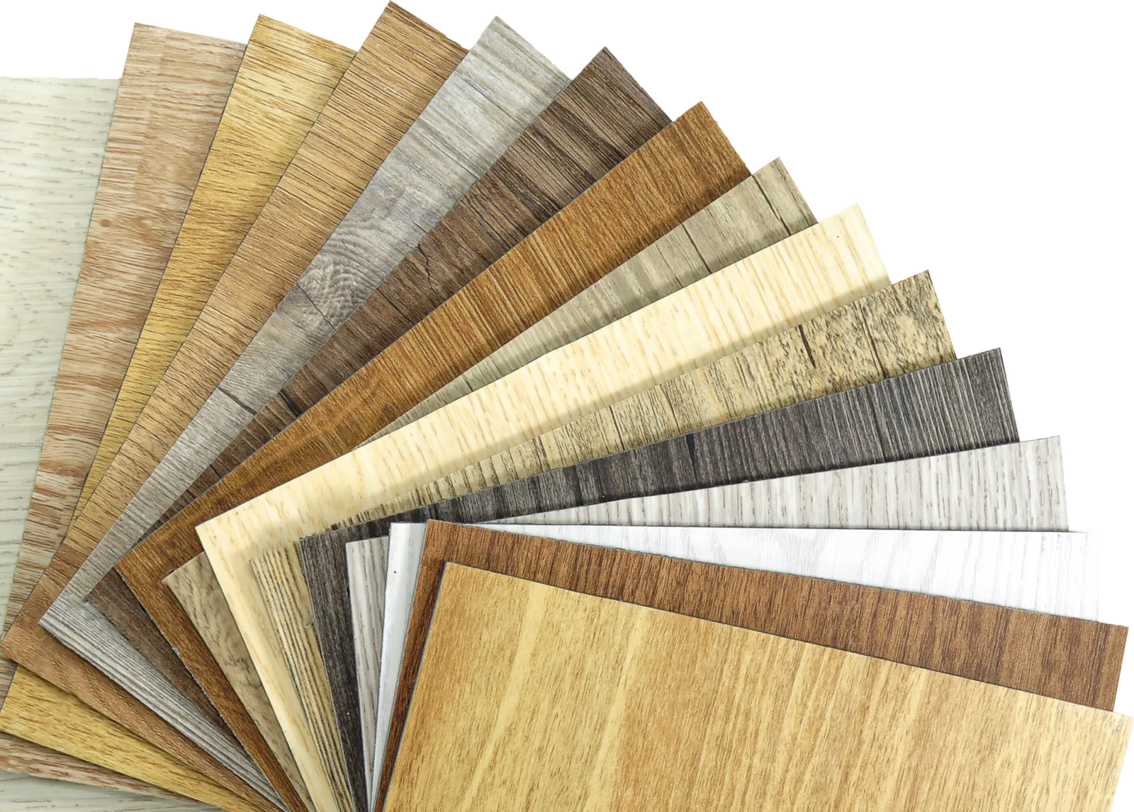 Swatches of various wooden textures and colors arranged in a fan shape, showcasing options for flooring or decor materials.