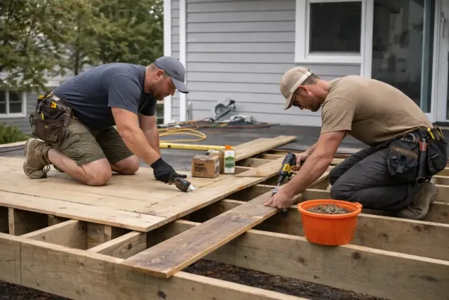 Two builders constructing a wooden deck, one using a utility knife and the other operating a power drill, with tools and materials visible, illustrating custom wood deck building for coastal homes.
