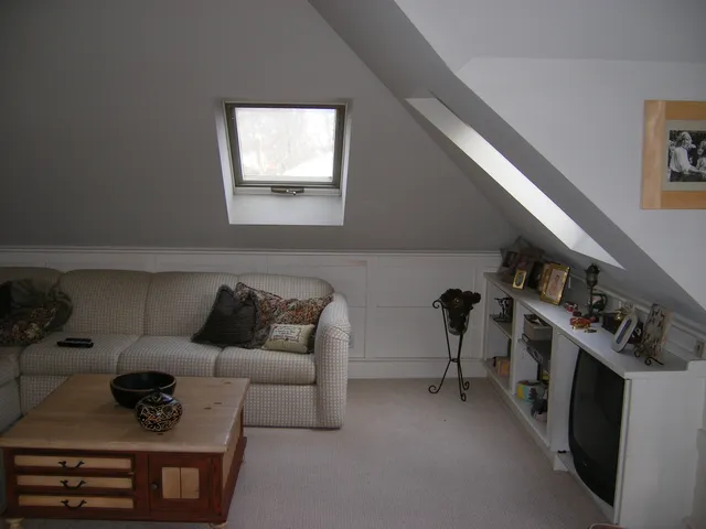 Finished attic/loft living space with skylight and built-in shelving