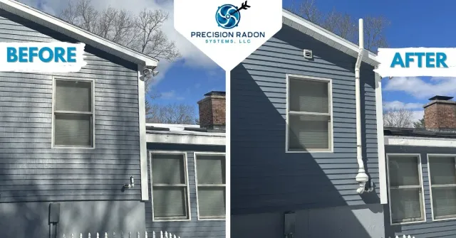 Side-by-side comparison of a house before and after solar panel removal. The left image shows the house exterior with outdated blinds and weathered siding. The right image shows the house after renovation with fresh paint and no solar panels.