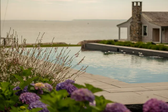 Hydrangea and gaura borders framing a waterfront pool