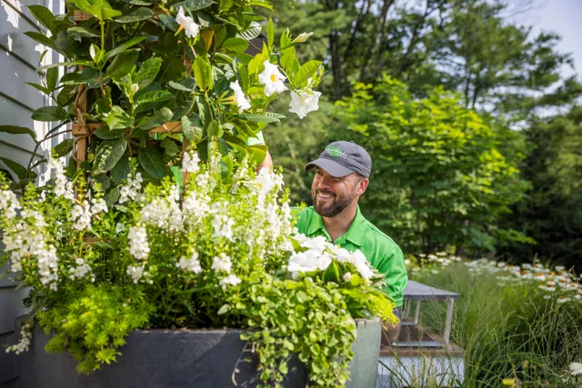 A person in a green shirt and cap smiles while tending to lush, flowering plants in a sunlit garden with trees in the background.