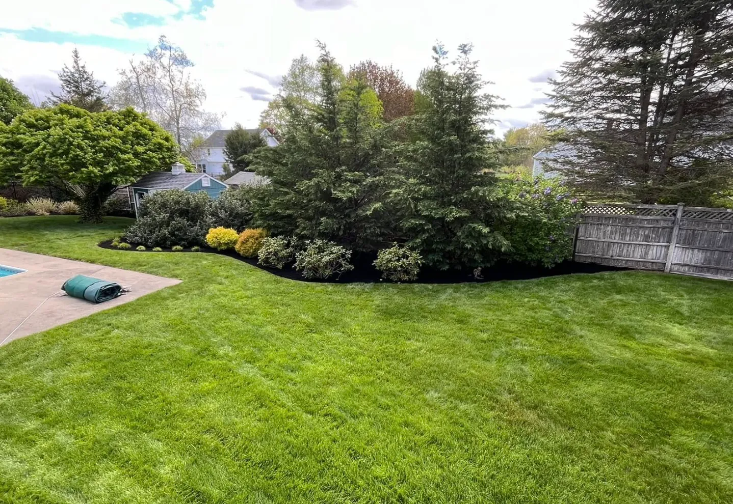 A well-maintained backyard with lush green grass, a variety of trees and shrubs, a wooden fence, and a small pool with a green cover on the patio.