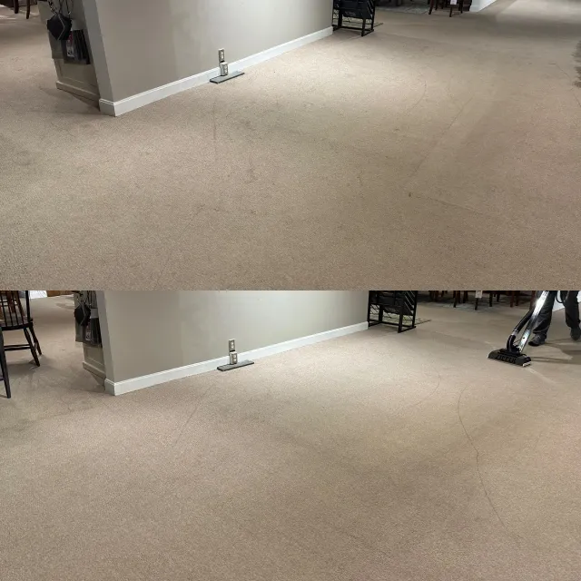 A person is cleaning a carpeted floor with a vacuum cleaner.