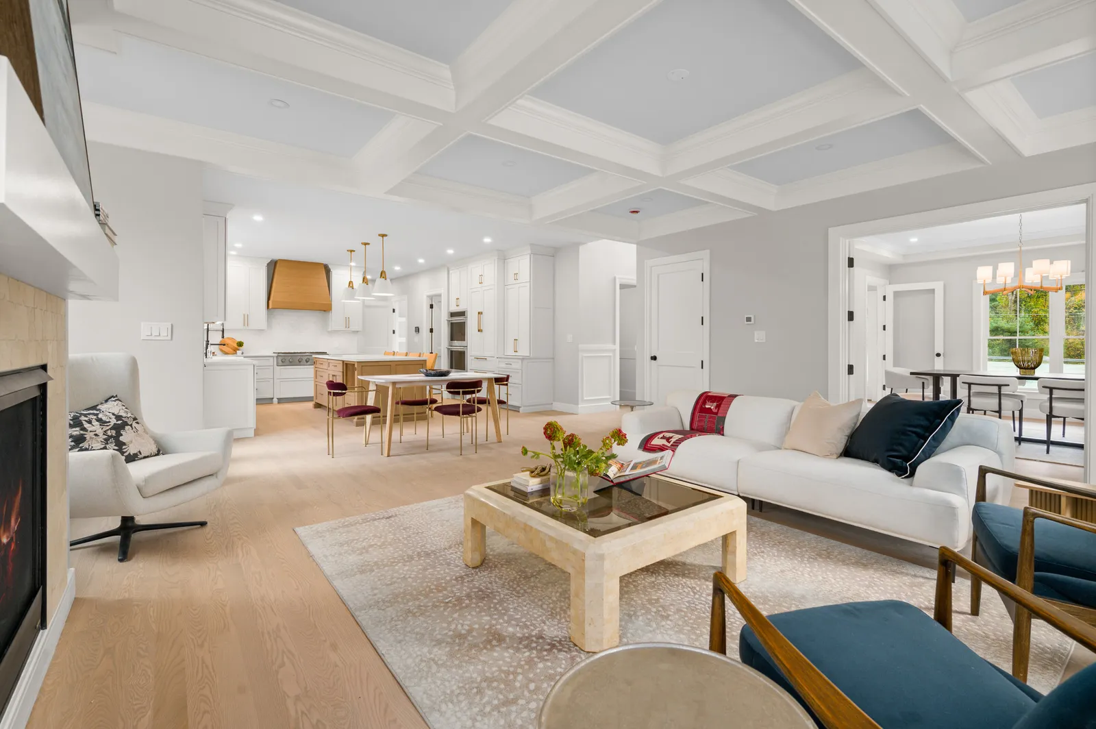 Open-plan living room and kitchen with custom cabinetry