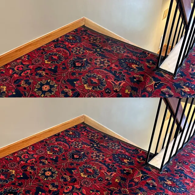 A before and after photo of a red rug on a staircase.