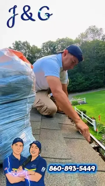 Man on a roof repairs shingles beside a wrapped bundle, with J&G logo and phone number overlay.
