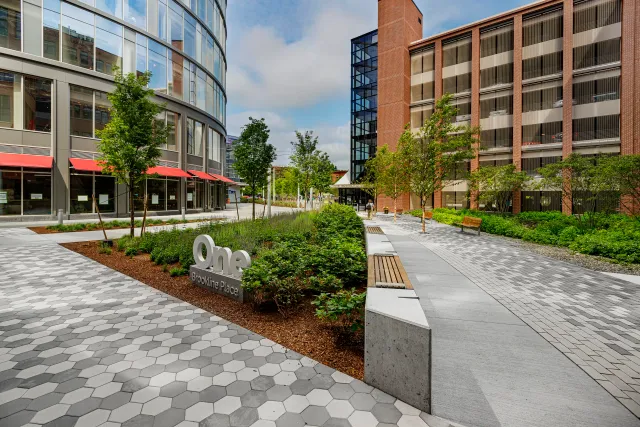 Modern outdoor urban plaza with trees, benches, and a mix of hexagonal and rectangular paving stones, surrounded by contemporary glass and brick buildings.
