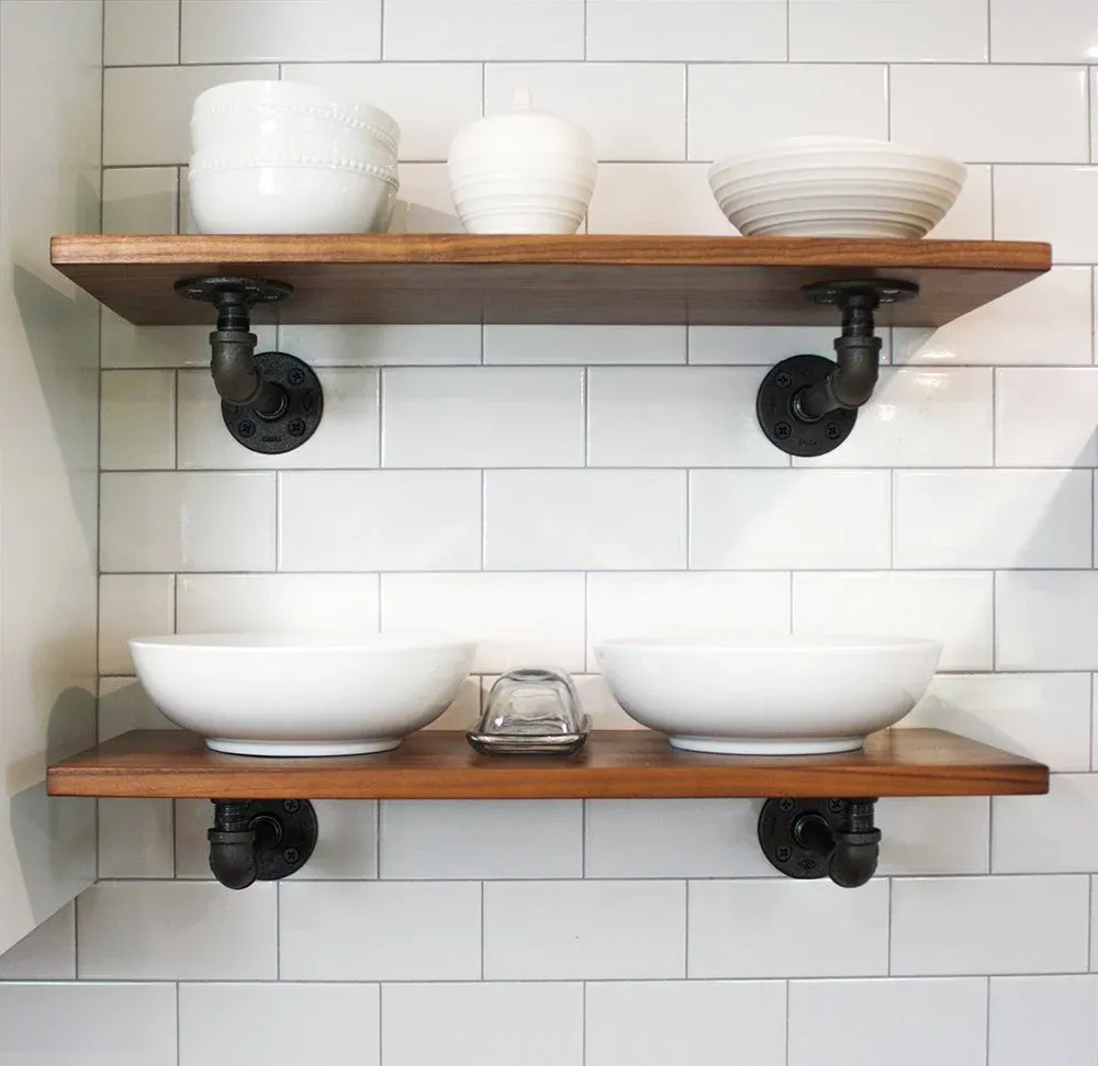 Industrial-style shelves with white subway tile