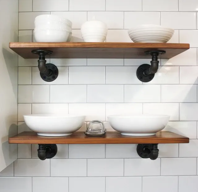 Industrial-style shelves with white subway tile