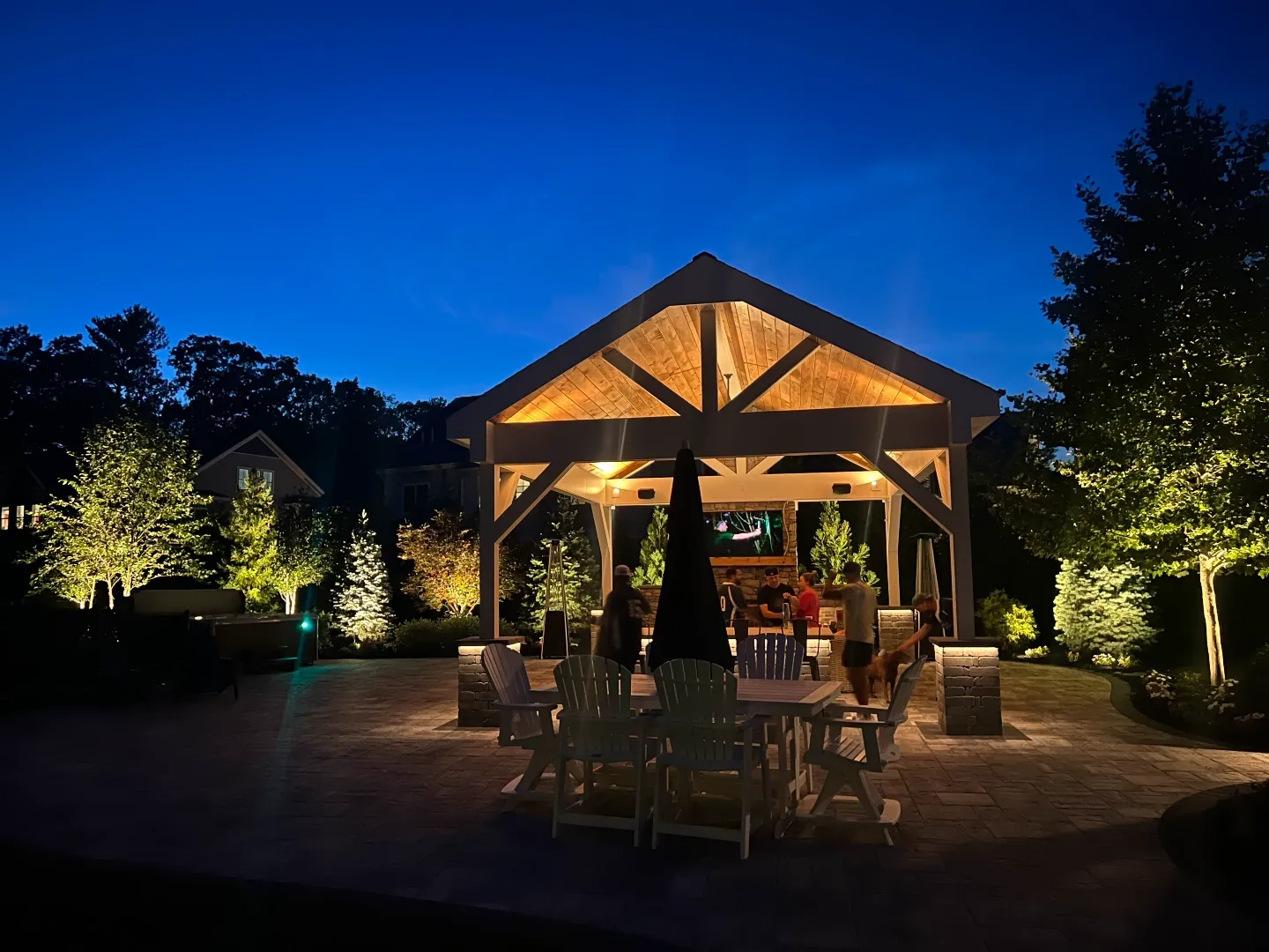 outdoor pavilion lighting installation at dusk by NightView Outdoor Lighting
