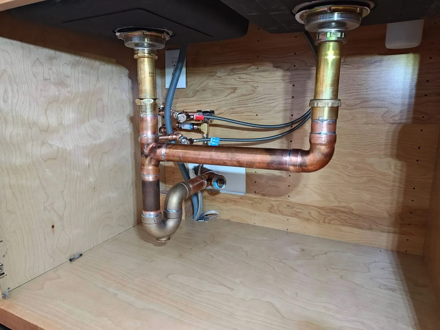 Under-sink copper drain and P-trap assembly with dishwasher and disposal connections