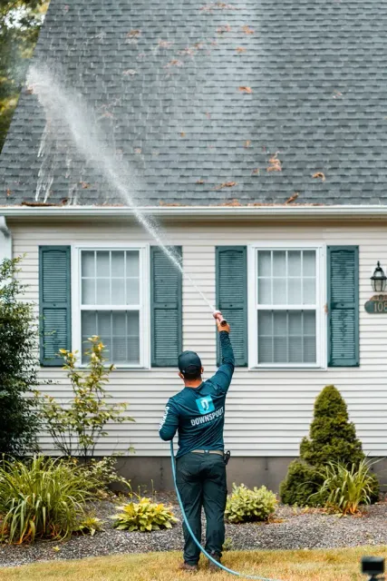 Person wearing a Downspout shirt spraying water onto a house roof using a hose.