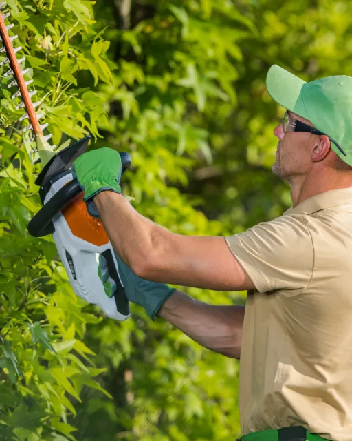 Tree service professional using hedge trimmer to maintain landscaping and shrubs