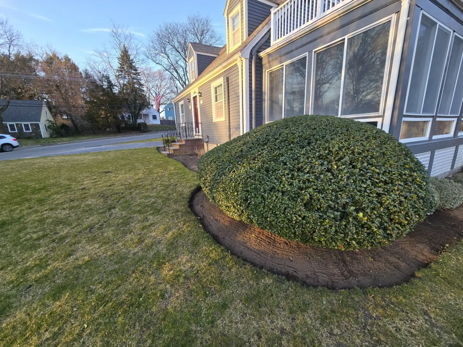 Rounded green shrub fills the right front yard beside a gray house with warm sun on windows and a quiet street to the left