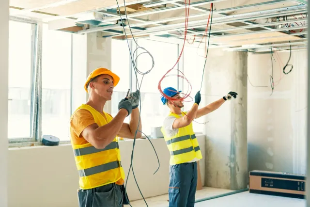 Electricians installing cables in a building under construction, wearing yellow safety vests and hard hats.