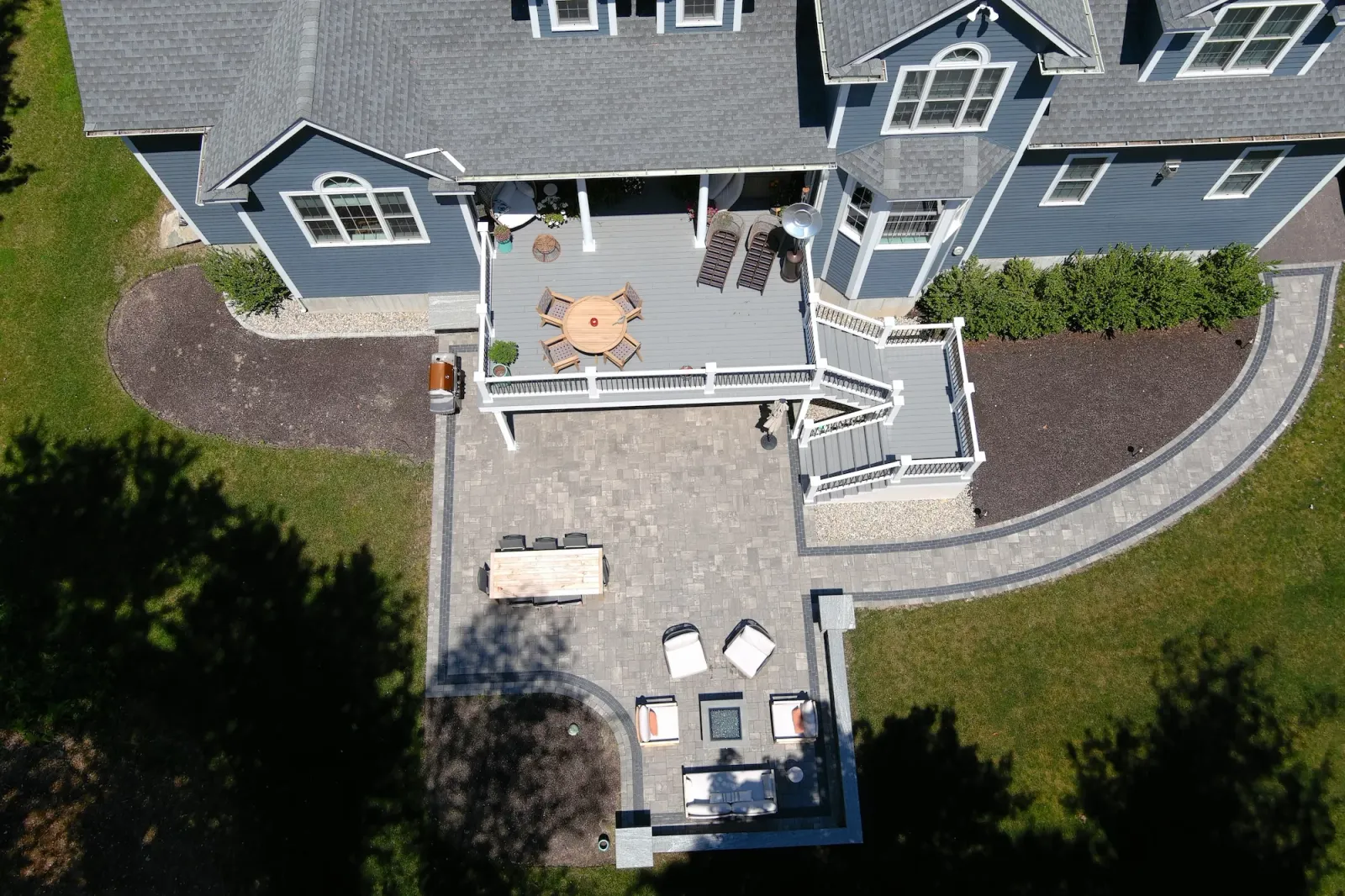 Patio, Walkway and Seating wall in Mansfield, MA drone mid shot