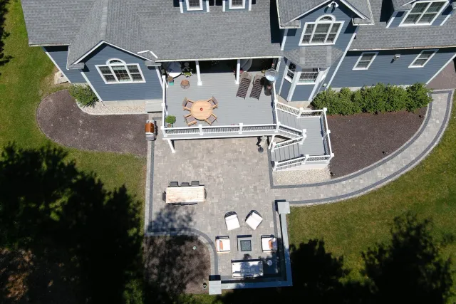 Patio, Walkway and Seating wall in Mansfield, MA drone mid shot