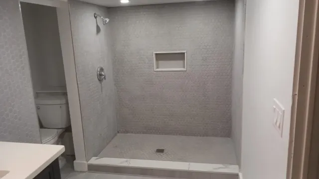 Modern tiled walk-in shower with built-in niche and adjacent toilet in a bathroom