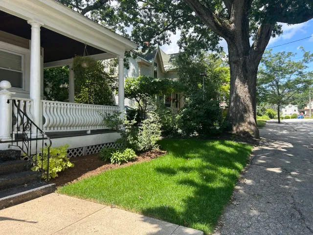 Street view of a residential neighborhood with a white porch, green lawn, and large tree shade.