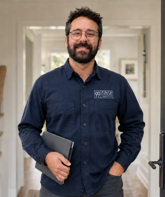 A smiling man with glasses and a beard holding a tablet inside a house.