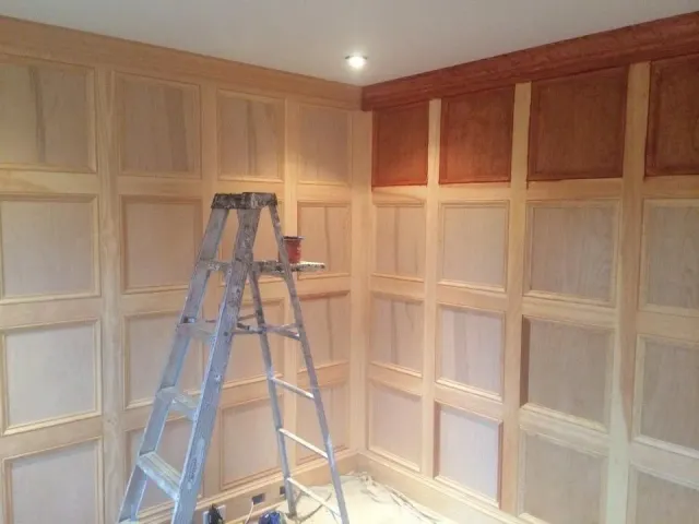 Ladder in a room with unfinished wood paneling and cabinets, lit by a ceiling light.