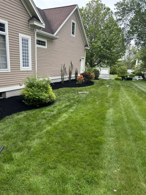 Professional landscaping with mulch beds and striped lawn