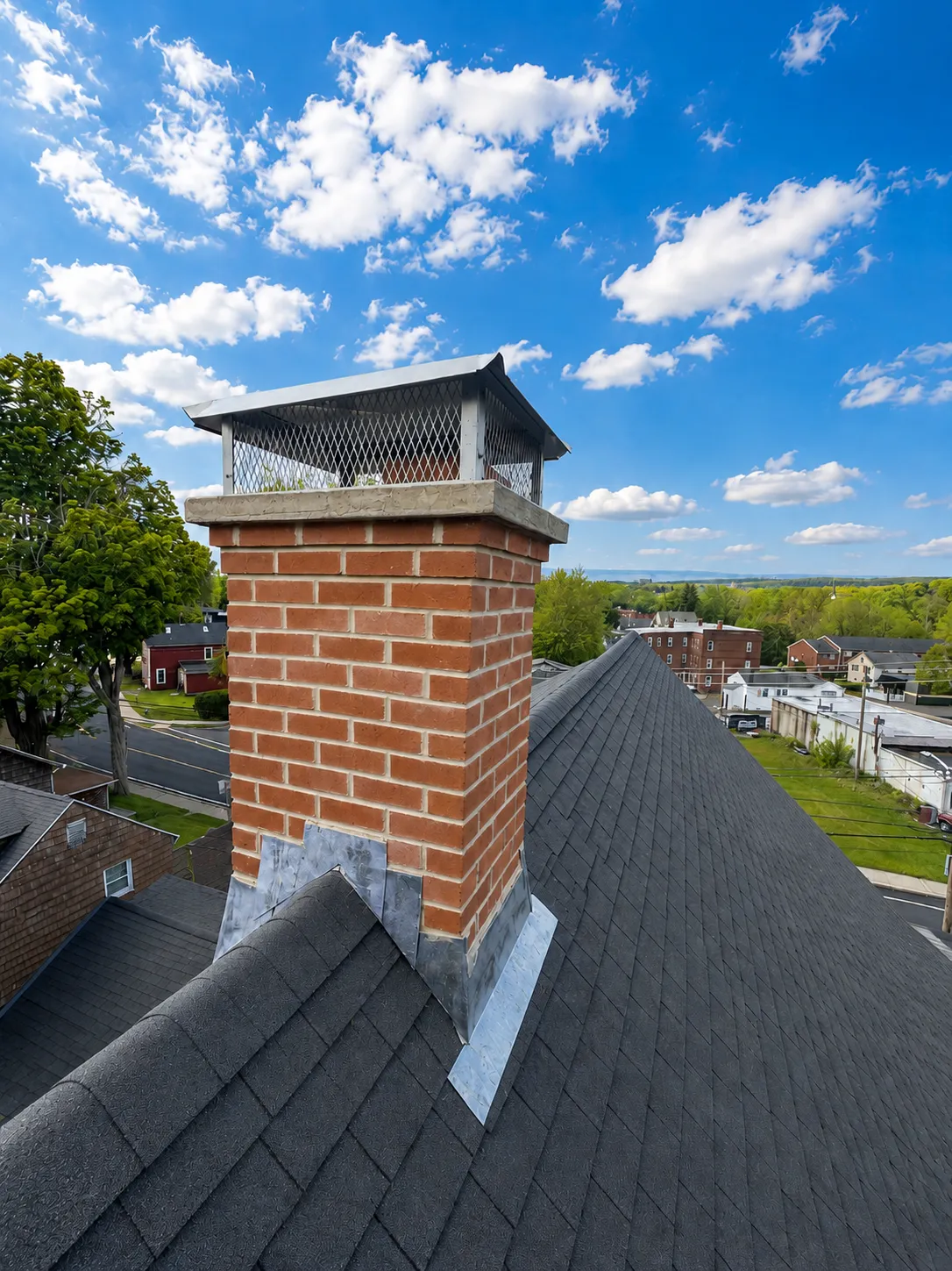 A brick chimney with a metal cap on a black shingle roof, with a sky full of white clouds and a small town in the background.