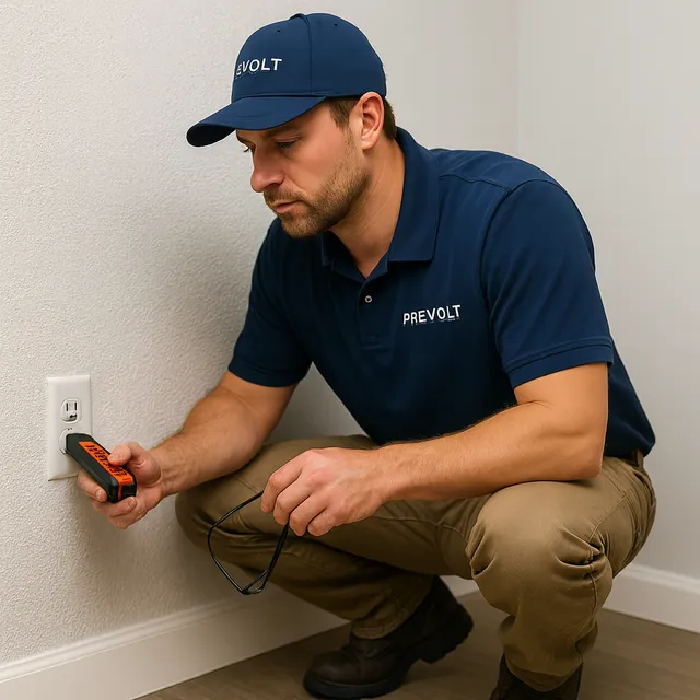 Prevolt Electric technician testing a grounded outlet with a plug-in circuit tester during electrical troubleshooting.