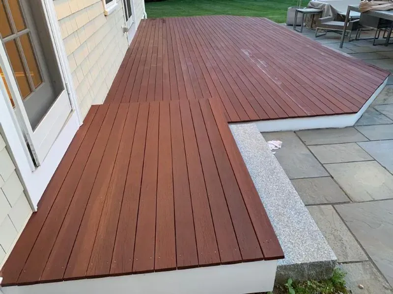 Mahogany deck stripped, sanded and stained — after