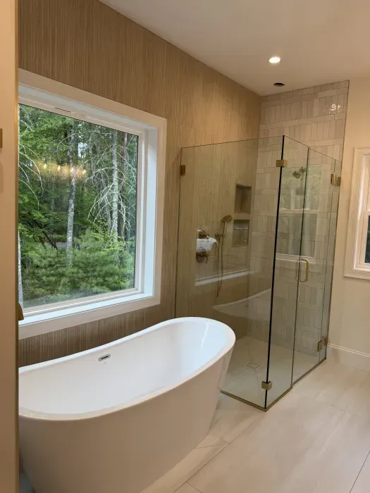 Luxury bathroom with dark blue vanity