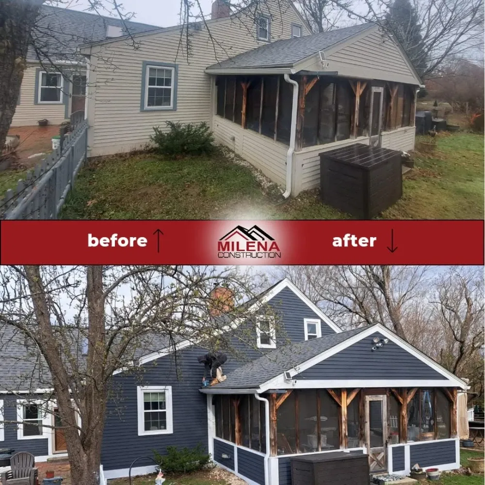 Before and after: covered porch and navy exterior repaint on a New England home