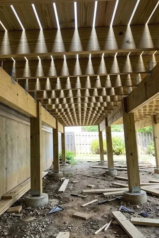 Pergola structure under construction showing pressure-treated posts, beams, and rafters on concrete piers
