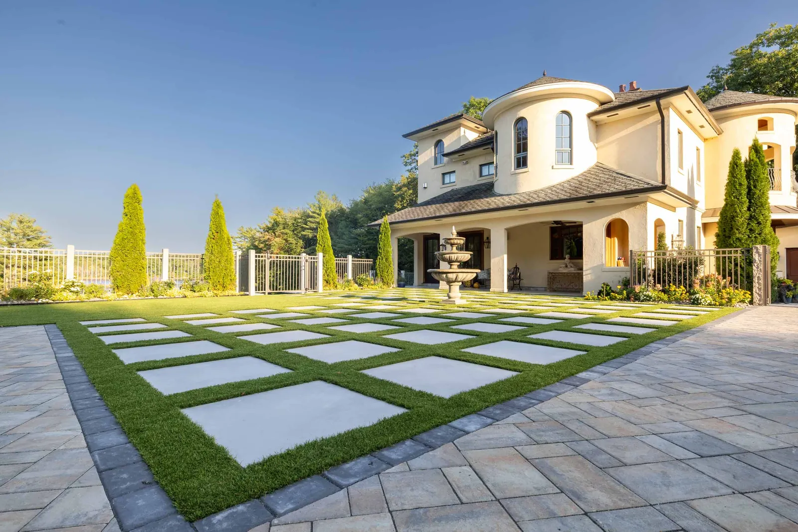 Beverly, MA landscaping: lawn, plantings and paver walkway
