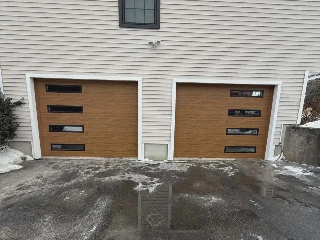 Wood-look plank doors with window accents