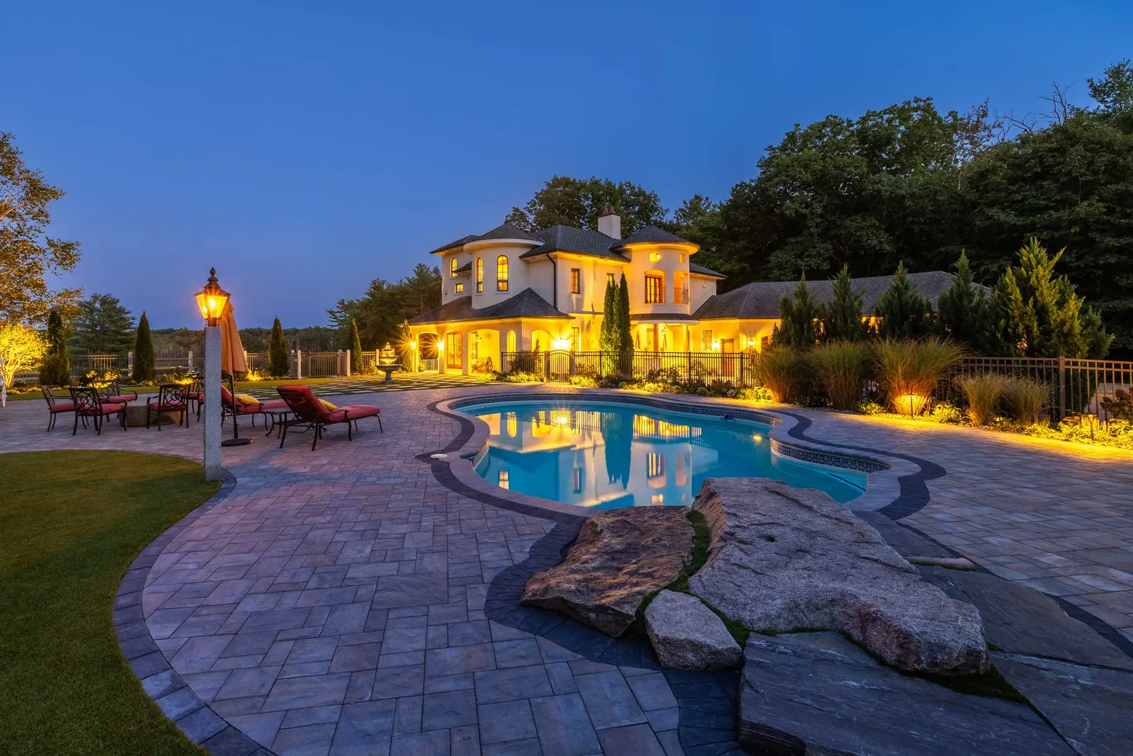 Manchester-by-the-Sea, MA landscaping: pool deck and outdoor lighting