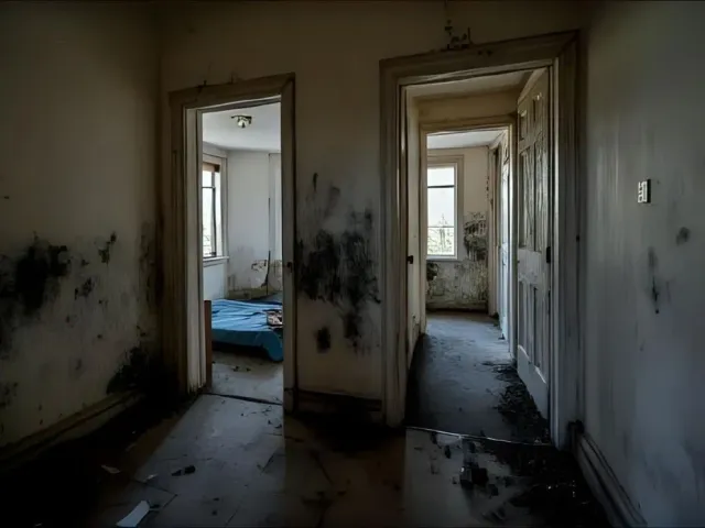 Abandoned hallway in a damaged house with moldy walls and an open doorway to a blue bedroom.