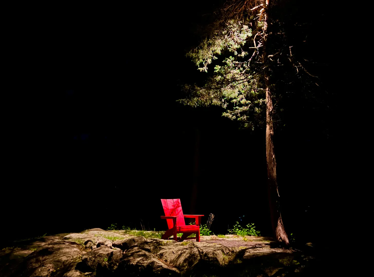 Uplighting vs downlighting effect on outdoor trees, moonlighting over a red chair