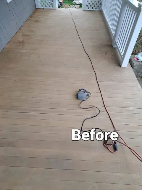 Wooden porch floor with a long crack and a corded power tool, labeled “Before.”