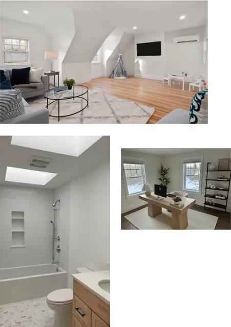Three rooms: a cozy living space, a bright bathroom with a tub ideal for bath remodels, and a modern home office with a desk and shelves.