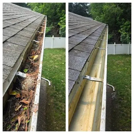 Before: Clogged residential gutter filled with leaves before professional gutter cleaning in Fairfield, Connecticut
After: Clean residential gutter after leaf and debris removal in Fairfield, Connecticut