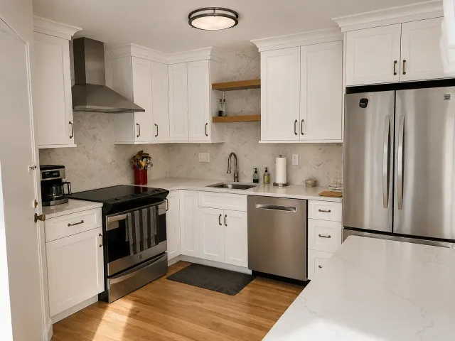 Bright white kitchen with island, pendant lights, stainless steel appliances, and wood floors