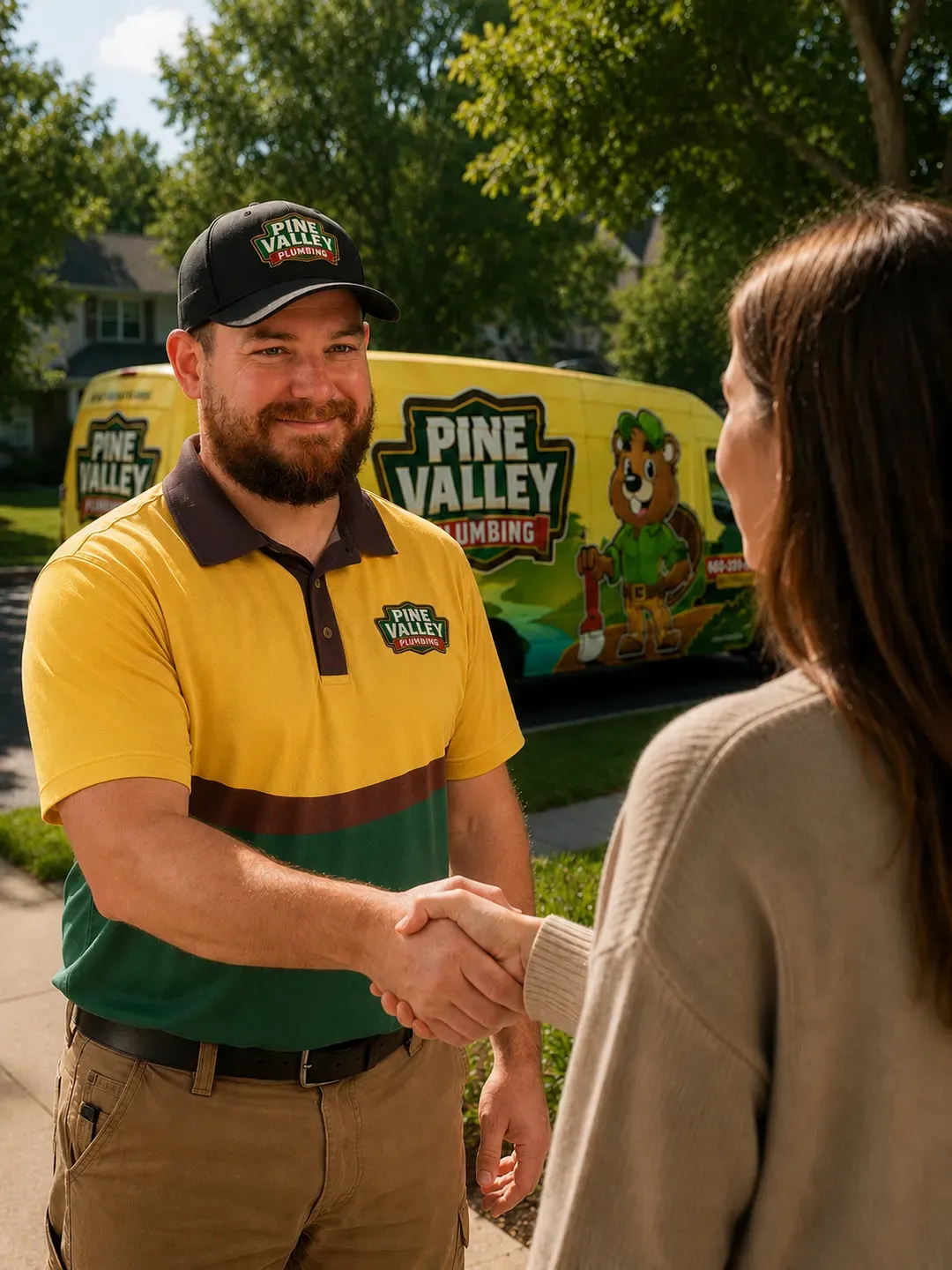 Pine Valley Plumbing plumber shaking hands with a customer in front of the company truck