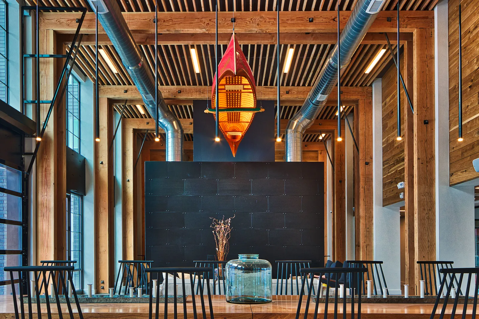 The Pioneer, Everett MA — great room with timber ceiling installation