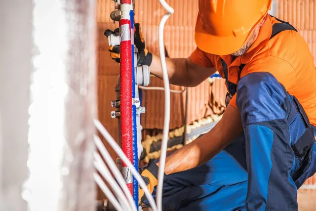 Construction worker adjusting pipes wearing orange hard hat and uniform