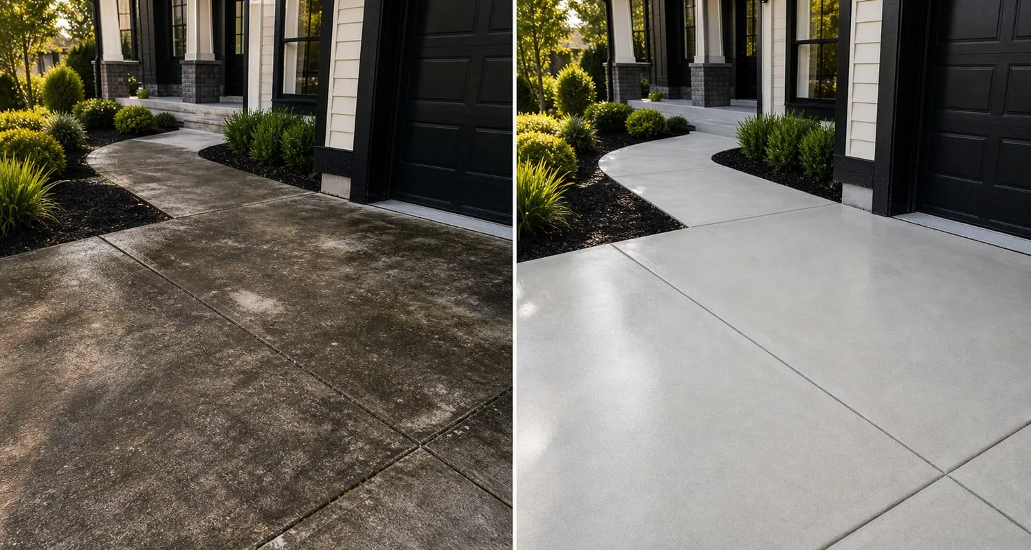 Before and after power washing on driveway and walkway concrete
